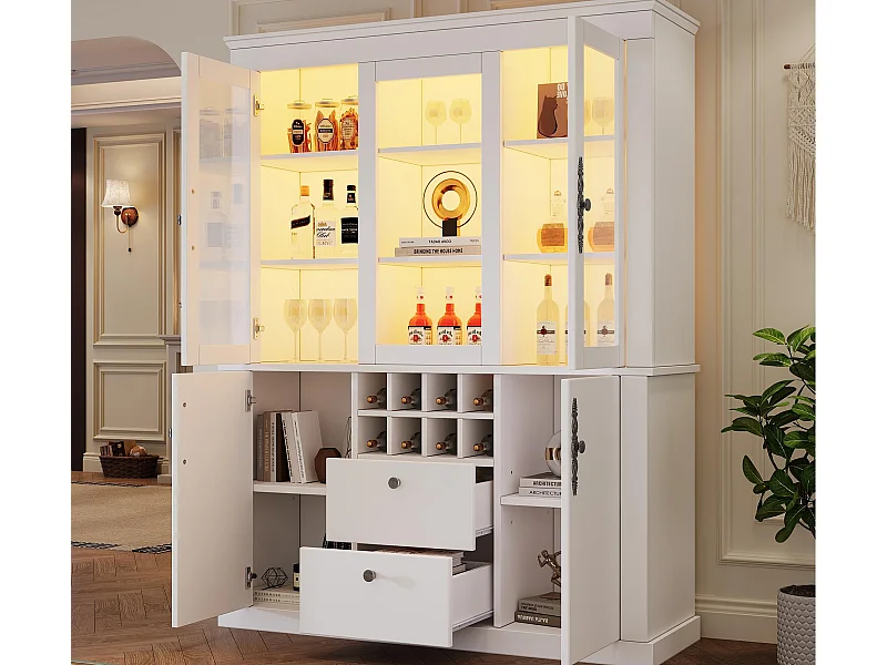 Vitrine 130x37,5x170,5 cm mit LED-Beleuchtung - mit 2 Schubladen und 4 Türen - Flaschenfächer - Weiß