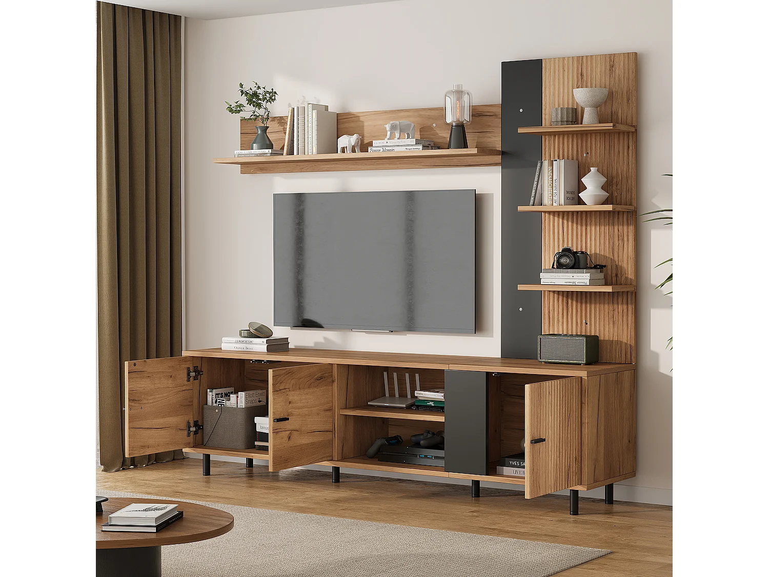 Mueble de TV de pared - 187,5 x 40 x 167 cm - con soporte de TV + estante + mueble de pared modular - aglomerado - natural + negro