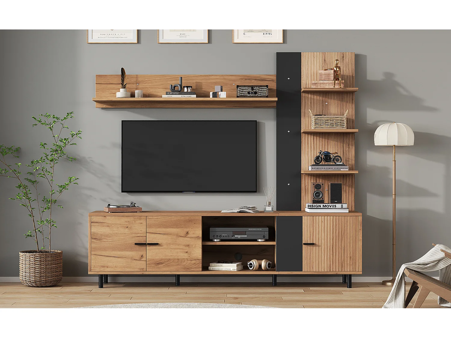 Mueble de TV de pared - 187,5 x 40 x 167 cm - con soporte de TV + estante + mueble de pared modular - aglomerado - natural + negro