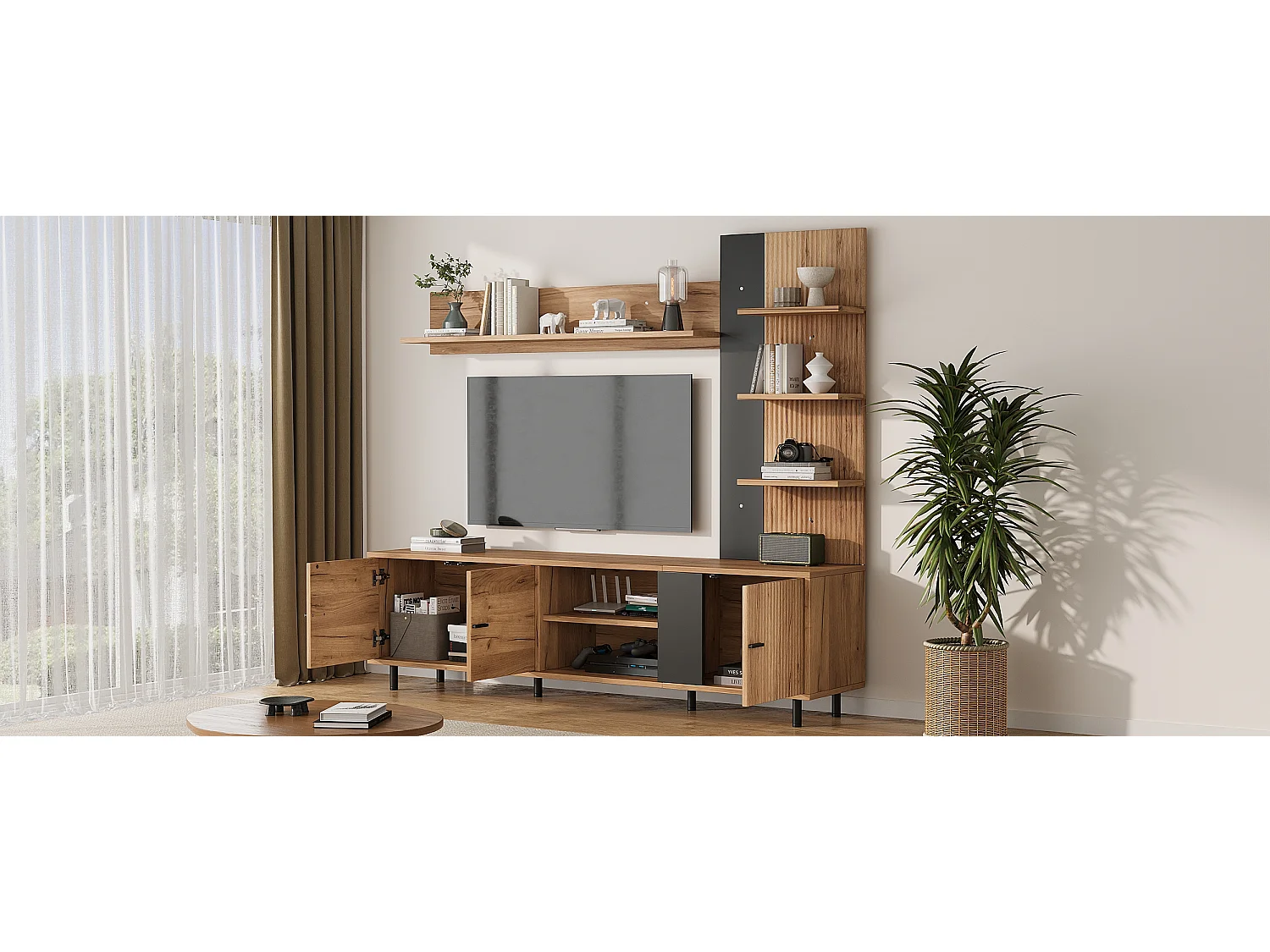 Mueble de TV de pared - 187,5 x 40 x 167 cm - con soporte de TV + estante + mueble de pared modular - aglomerado - natural + negro