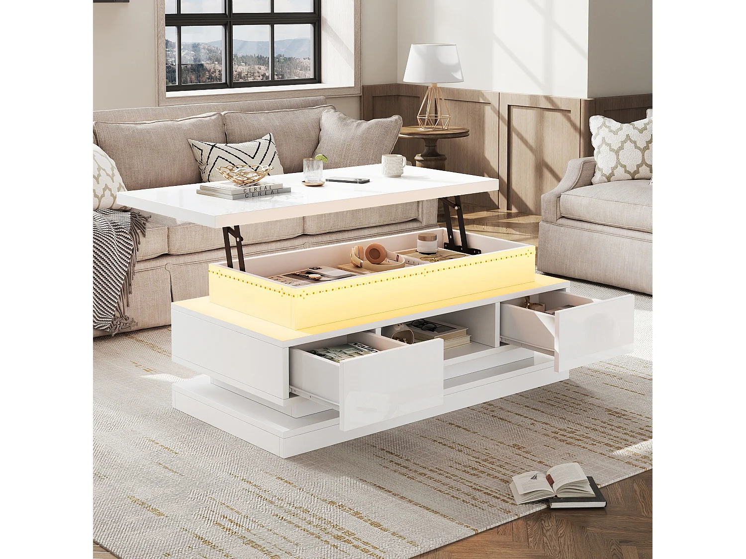 Hochglanzlackierter Couchtisch mit Hubfunktion – 100 x 50 x 40 cm – mit 2 Schubladen, LED-Beleuchtung und verdecktem Stauraum – Spanplatte – weiß