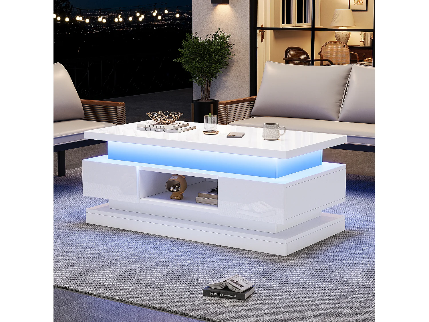 Hochglanzlackierter Couchtisch mit Hubfunktion – 100 x 50 x 40 cm – mit 2 Schubladen, LED-Beleuchtung und verdecktem Stauraum – Spanplatte – weiß