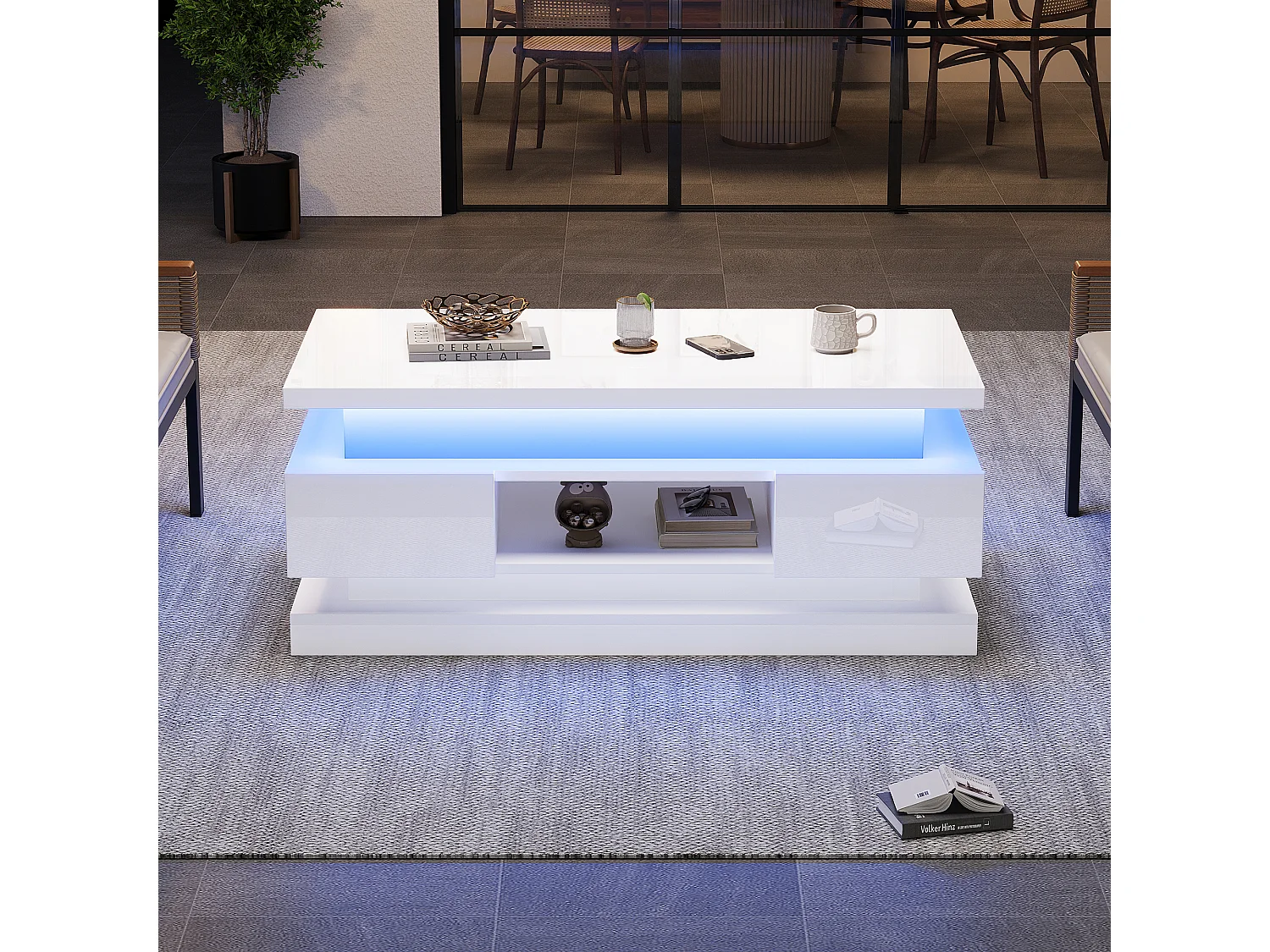 Hochglanzlackierter Couchtisch mit Hubfunktion – 100 x 50 x 40 cm – mit 2 Schubladen, LED-Beleuchtung und verdecktem Stauraum – Spanplatte – weiß