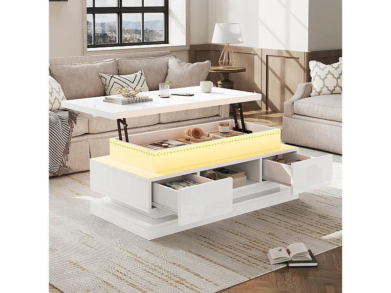 Hochglanzlackierter Couchtisch mit Hubfunktion – 100 x 50 x 40 cm – mit 2 Schubladen, LED-Beleuchtung und verdecktem Stauraum – Spanplatte – weiß