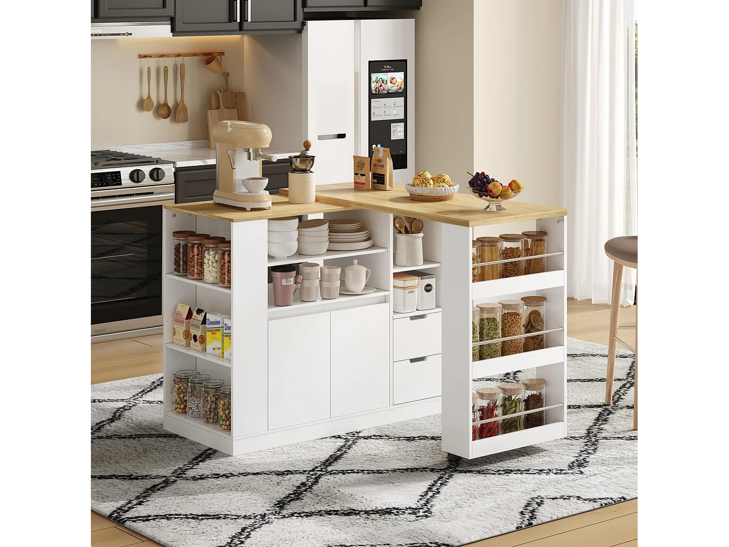 Meuble de bar de cuisine extensible et rotation - 115x50x92cm - avec 2 tiroirs et 2 portes - avec étagères latérales - Blanc