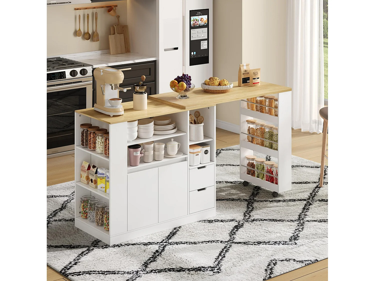 Meuble de bar de cuisine extensible et rotation - 115x50x92cm - avec 2 tiroirs et 2 portes - avec étagères latérales - Blanc