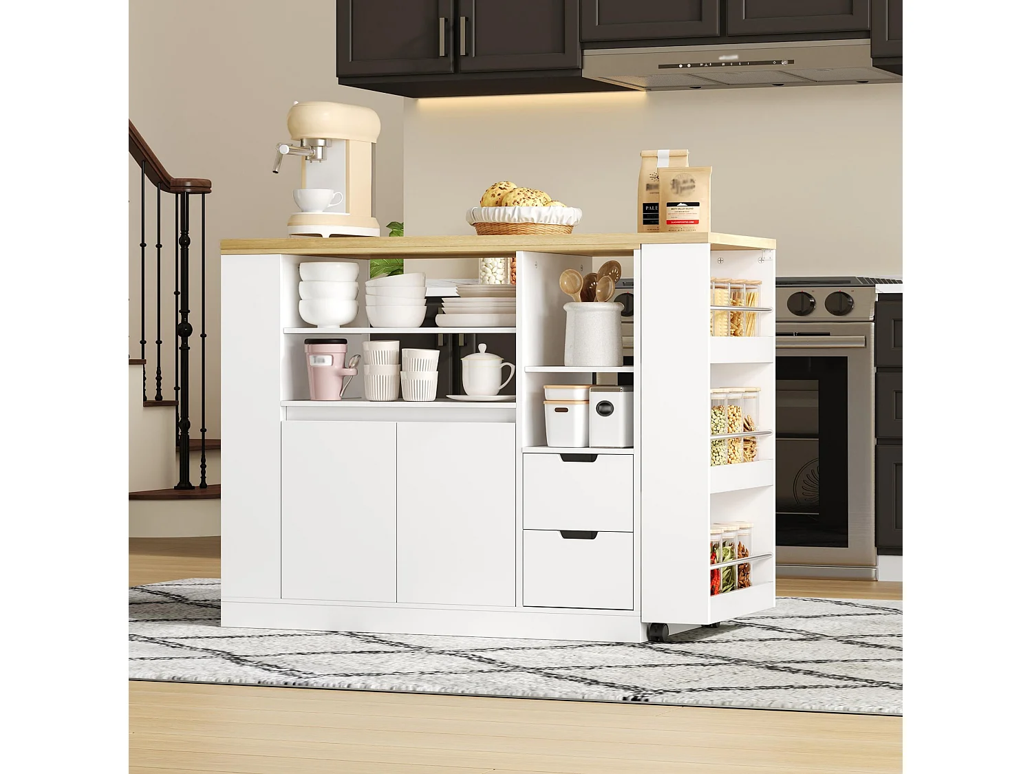 Meuble de bar de cuisine extensible et rotation - 115x50x92cm - avec 2 tiroirs et 2 portes - avec étagères latérales - Blanc