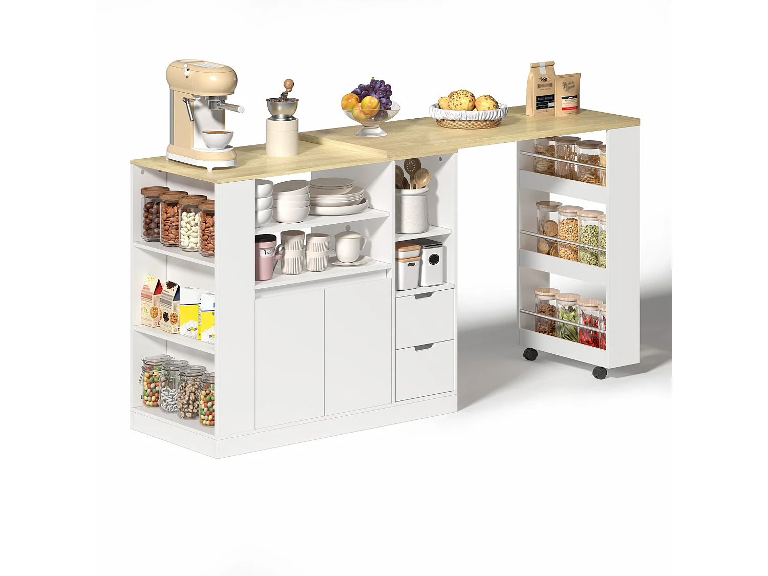 Meuble de bar de cuisine extensible et rotation - 115x50x92cm - avec 2 tiroirs et 2 portes - avec étagères latérales - Blanc