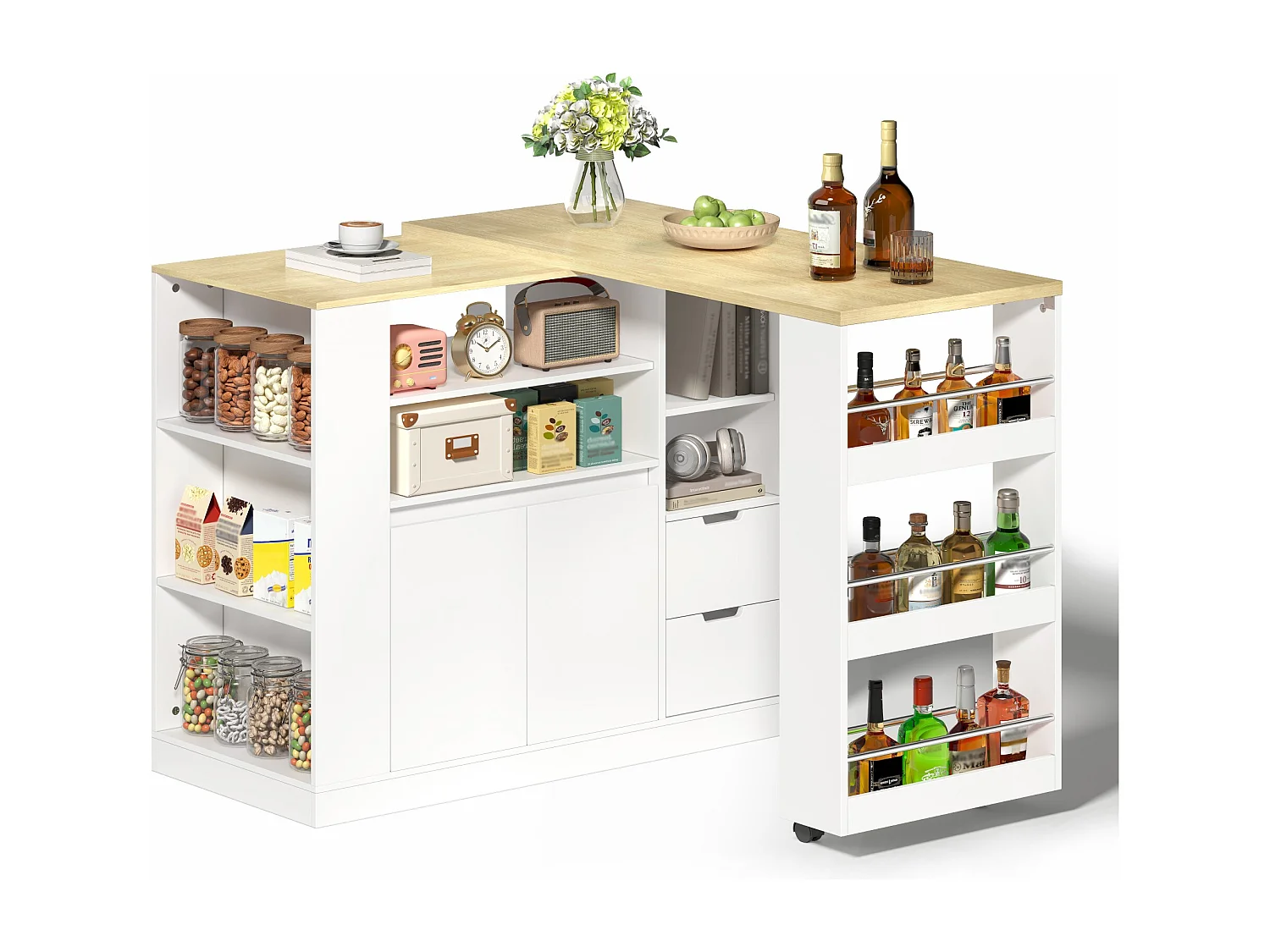 Meuble de bar de cuisine extensible et rotation - 115x50x92cm - avec 2 tiroirs et 2 portes - avec étagères latérales - Blanc