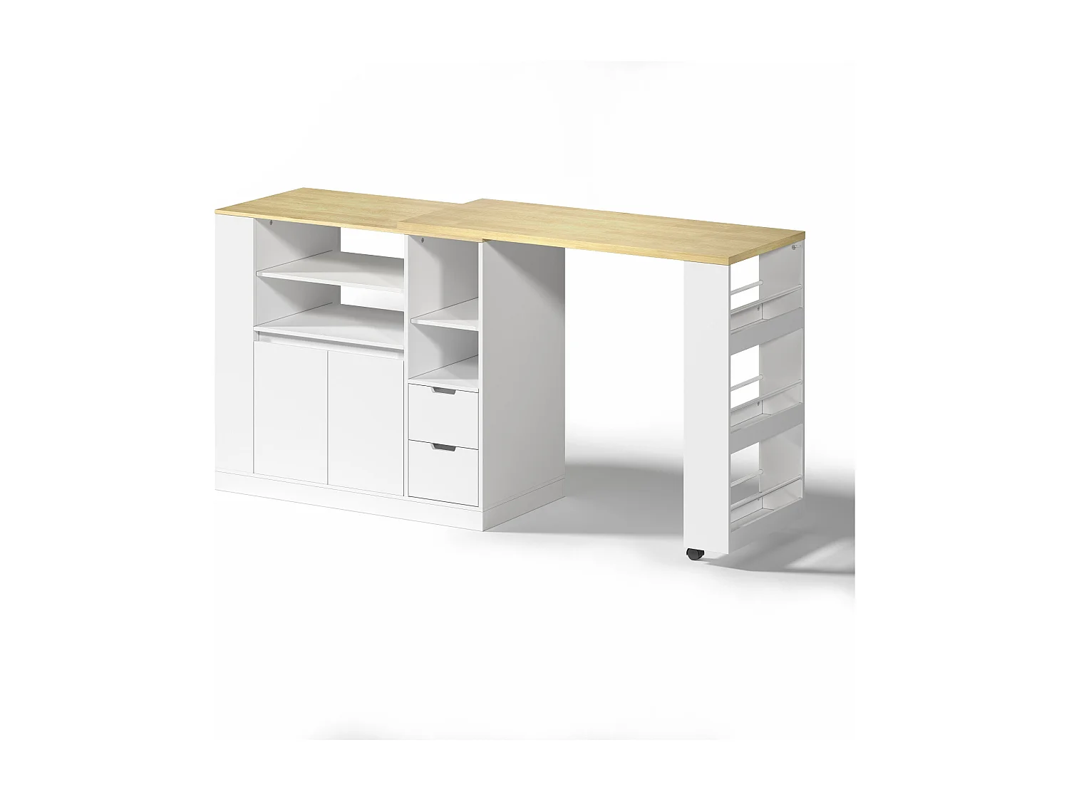 Meuble de bar de cuisine extensible et rotation - 115x50x92cm - avec 2 tiroirs et 2 portes - avec étagères latérales - Blanc