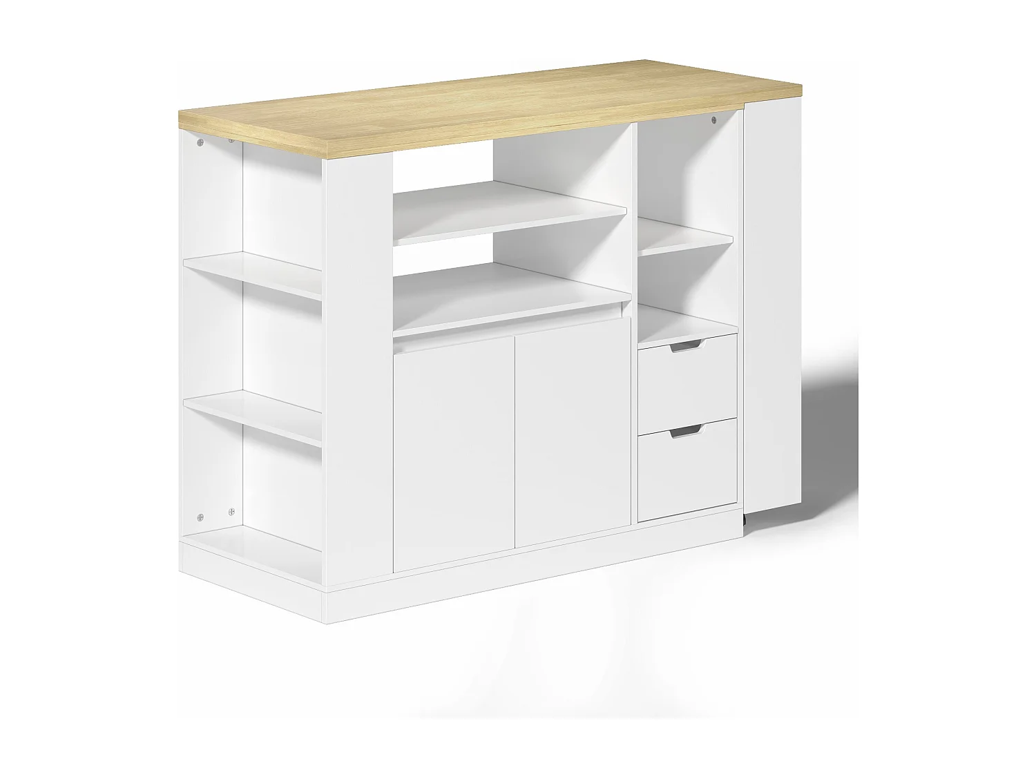 Meuble de bar de cuisine extensible et rotation - 115x50x92cm - avec 2 tiroirs et 2 portes - avec étagères latérales - Blanc