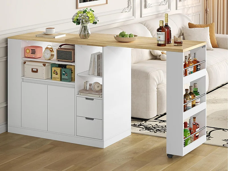 Meuble de bar de cuisine extensible et rotation - 115x50x92cm - avec 2 tiroirs et 2 portes - avec étagères latérales - Blanc