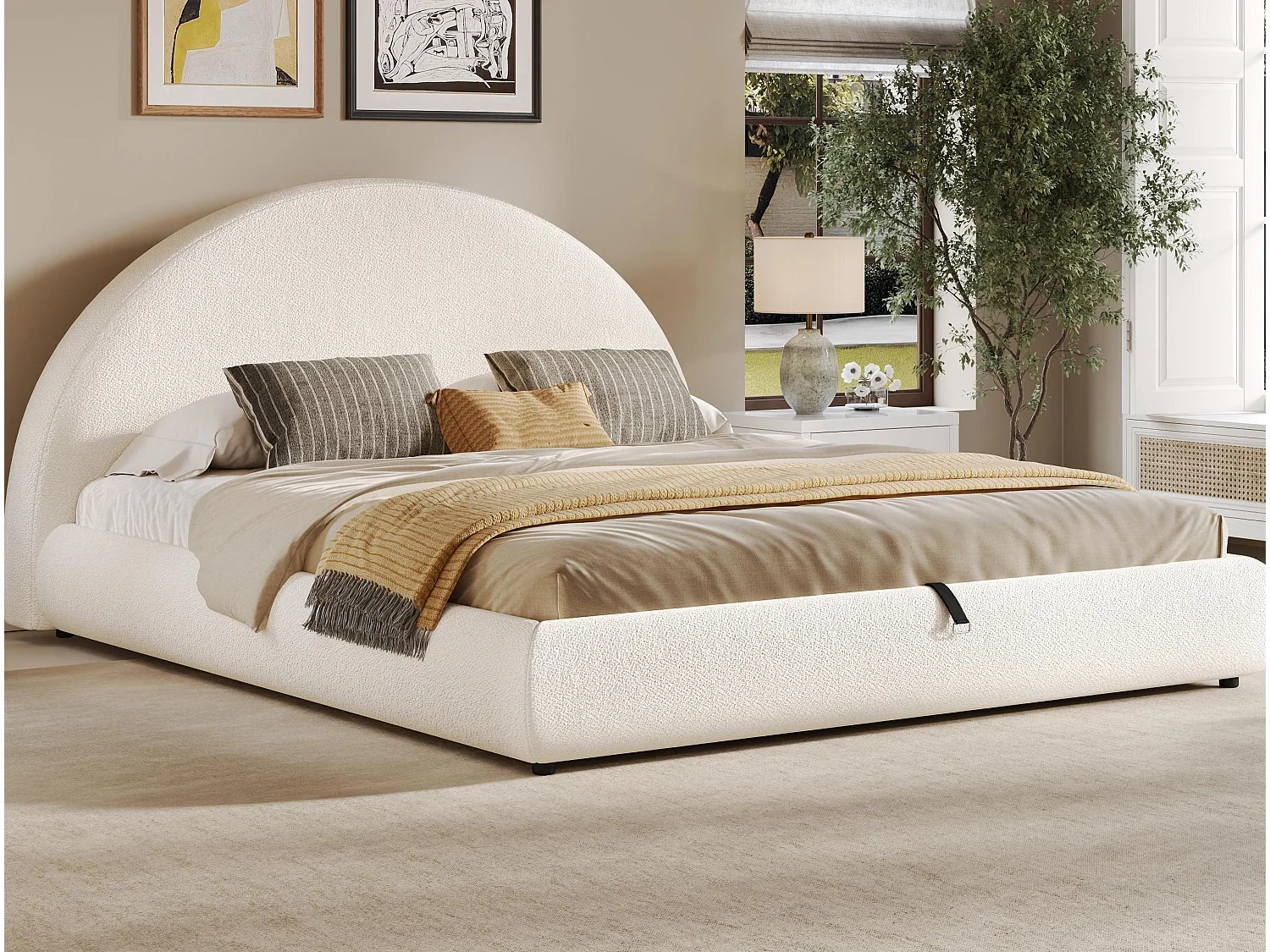 Lit coffre rembourré 180x200cm - avec sommier à lattes - Tissu à boucles - Beige (matelas non inclus)