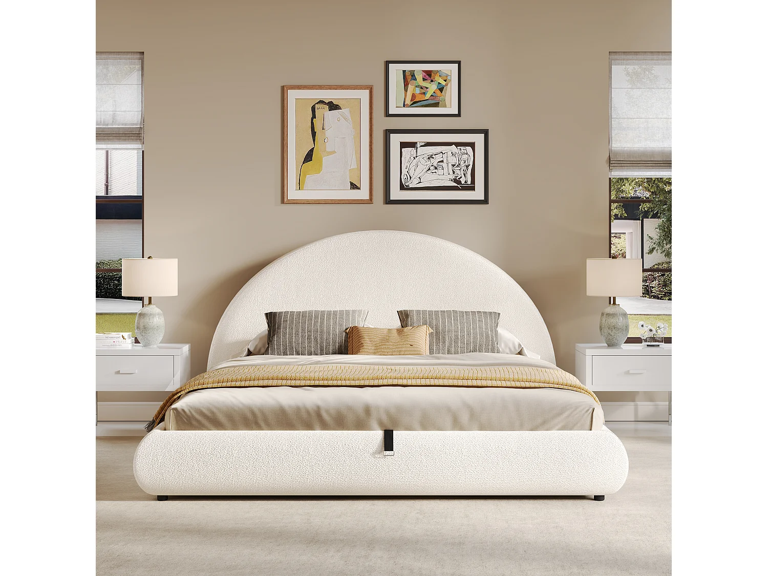 Lit coffre rembourré 180x200cm - avec sommier à lattes - Tissu à boucles - Beige (matelas non inclus)