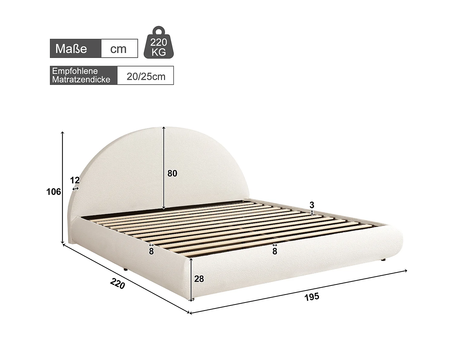 Lit coffre rembourré 180x200cm - avec sommier à lattes - Tissu à boucles - Beige (matelas non inclus)