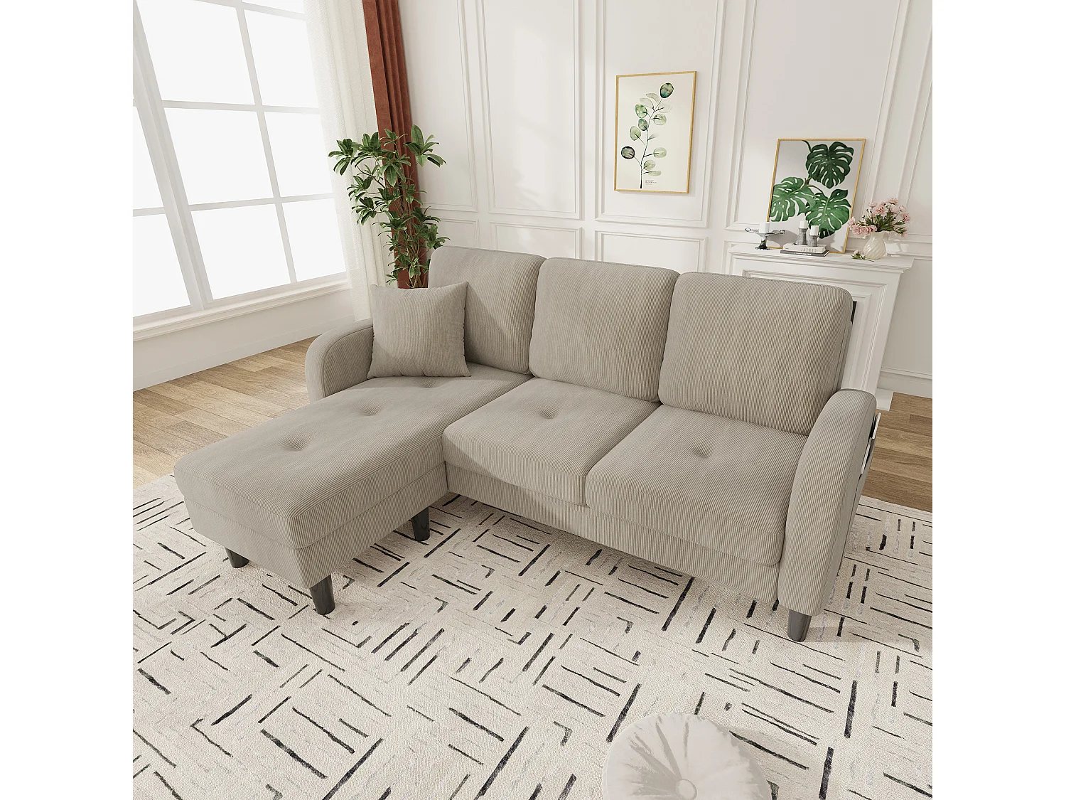 3-zits hoekbank met chaise longue - 166 x 118 x 77 cm - fluwelen stof - kunststof poten - lichtbruin