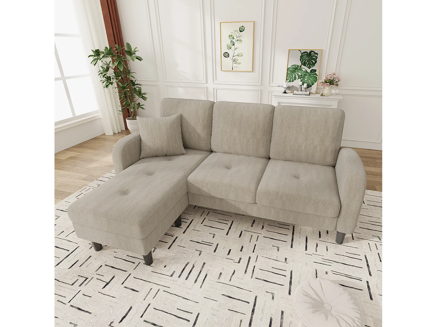 3-zits hoekbank met chaise longue - 166 x 118 x 77 cm - fluwelen stof - kunststof poten - lichtbruin