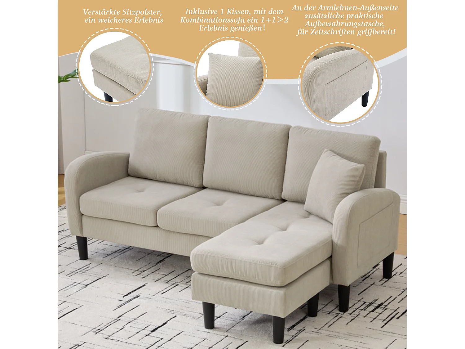 3-zits hoekbank met chaise longue - 166 x 118 x 77 cm - fluwelen stof - kunststof poten - lichtbruin