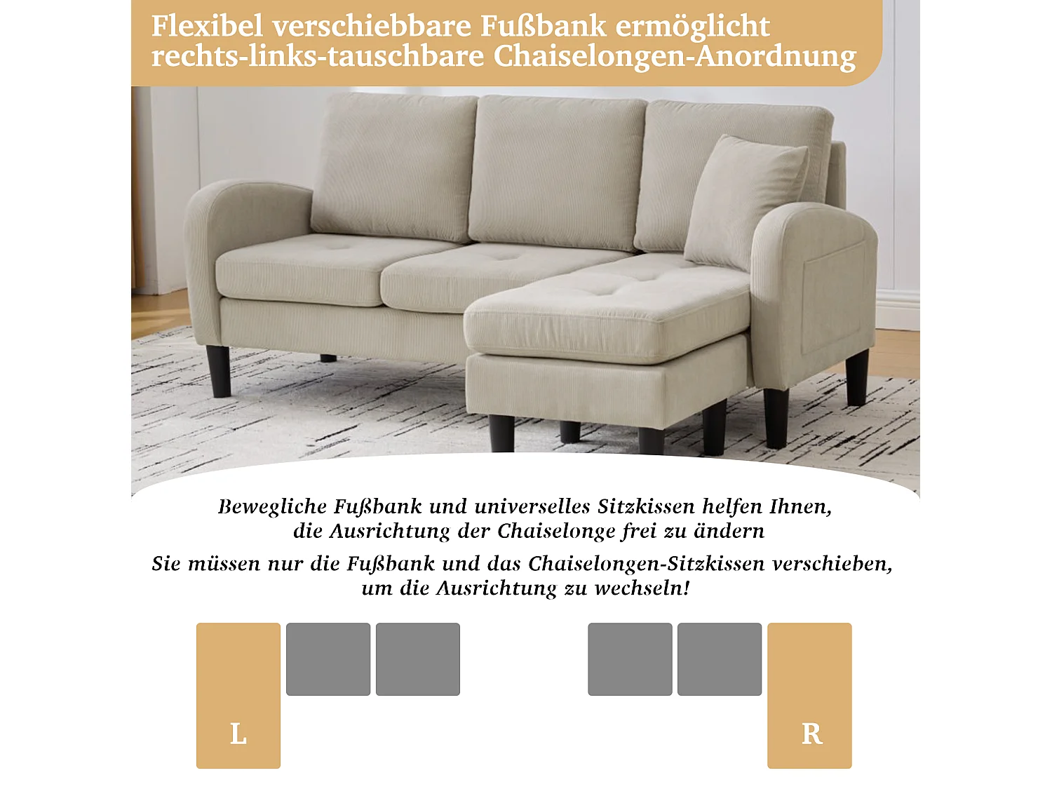 3-zits hoekbank met chaise longue - 166 x 118 x 77 cm - fluwelen stof - kunststof poten - lichtbruin