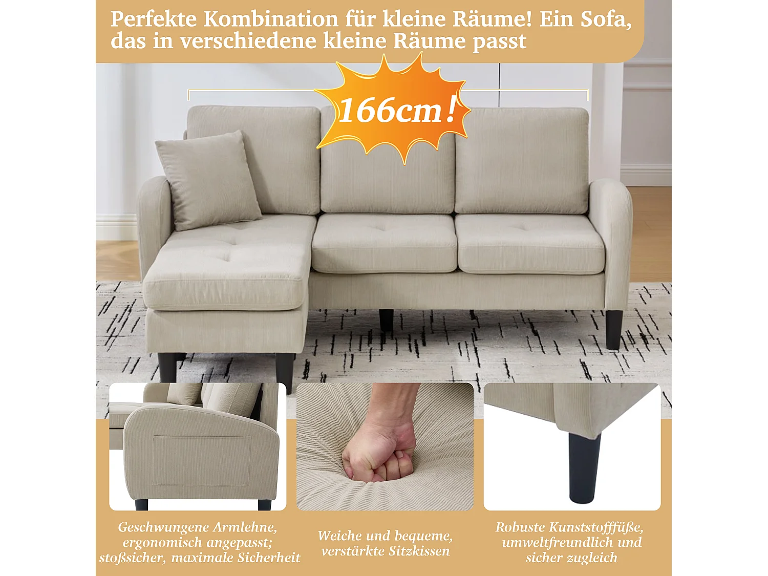 3-zits hoekbank met chaise longue - 166 x 118 x 77 cm - fluwelen stof - kunststof poten - lichtbruin
