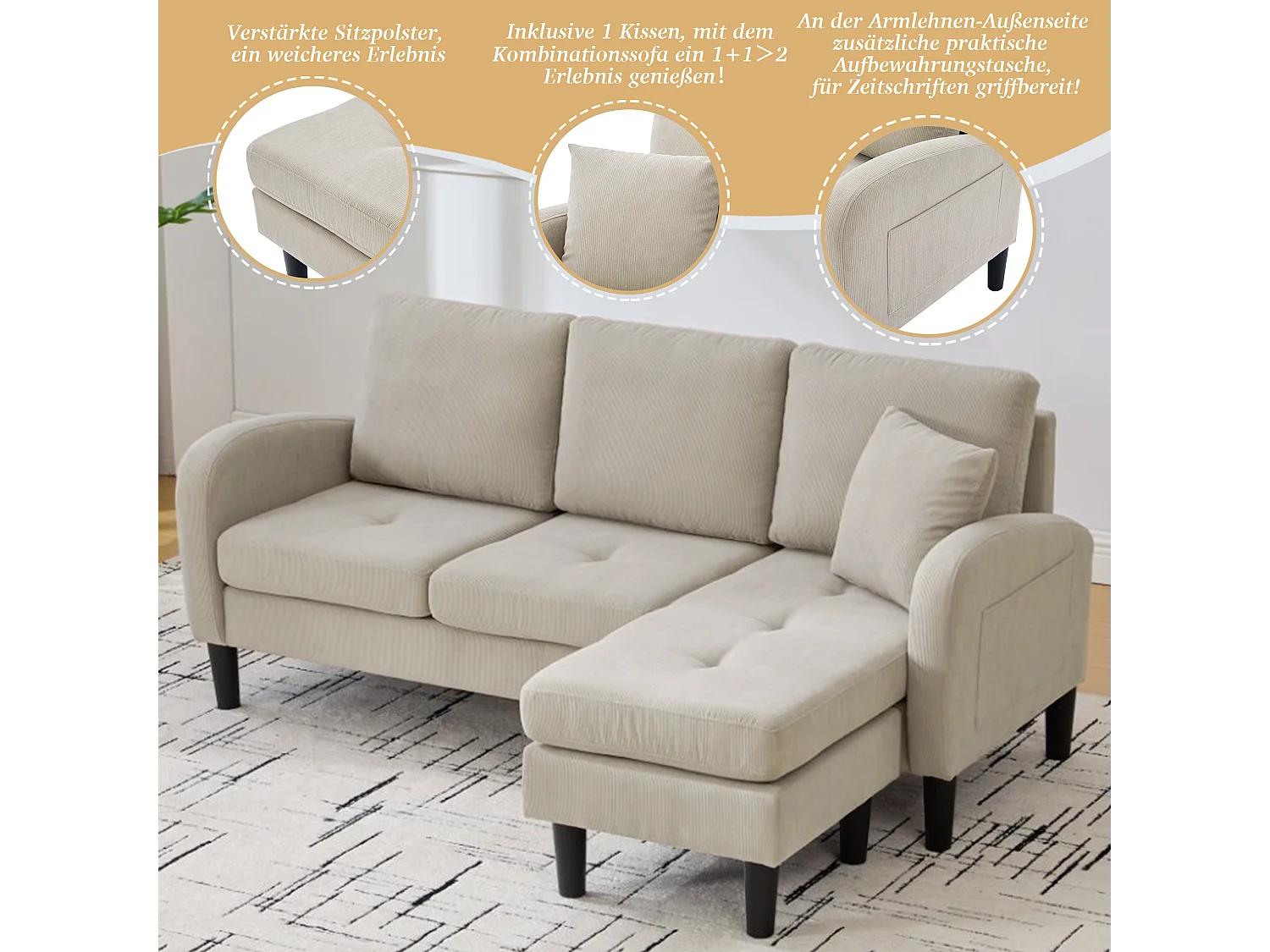 Canapé d'angle 3 places avec méridienne - 166 x 118 x 77 cm - tissu velours - pieds en plastique - marron clair