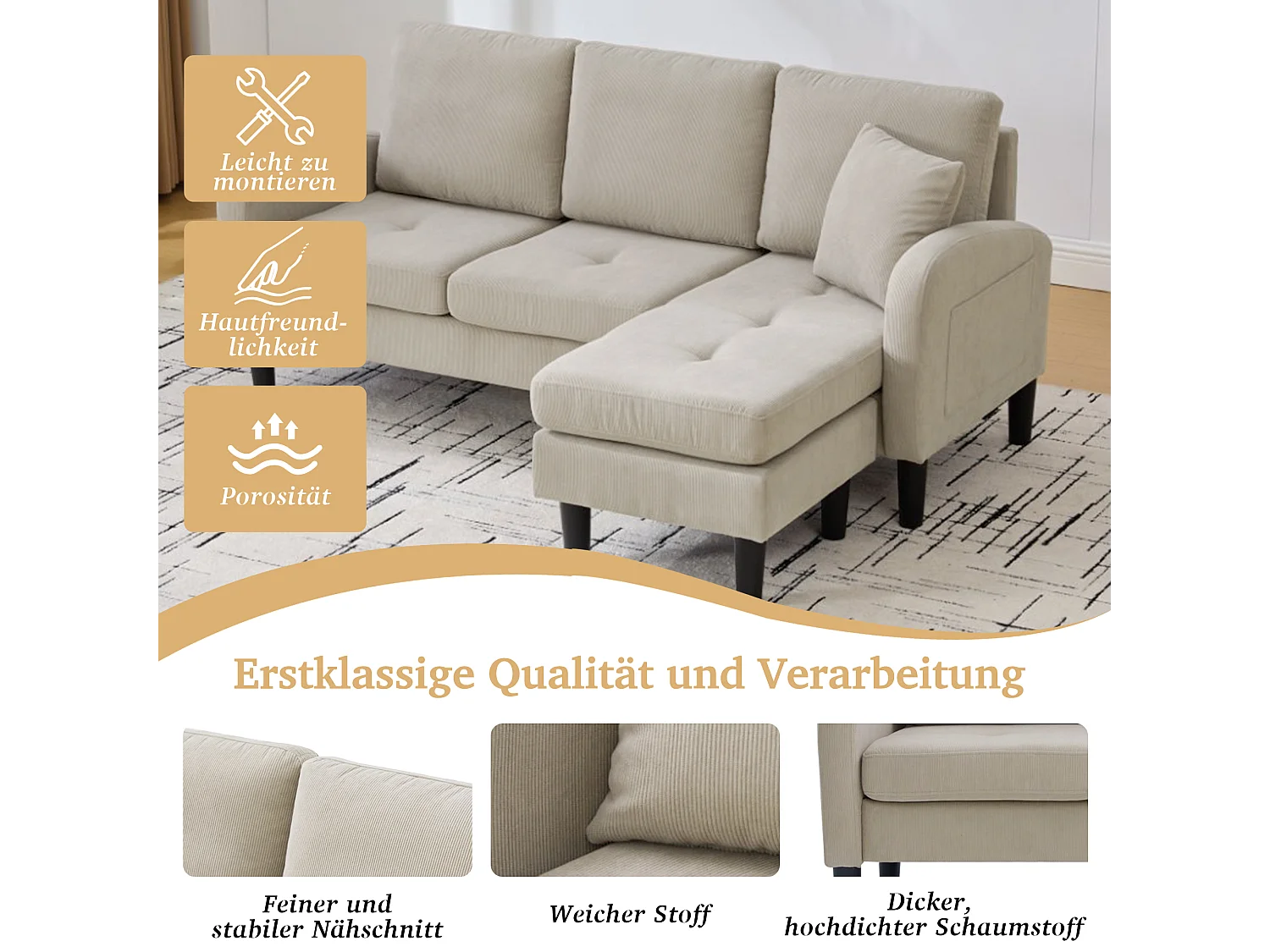 Canapé d'angle 3 places avec méridienne - 166 x 118 x 77 cm - tissu velours - pieds en plastique - marron clair