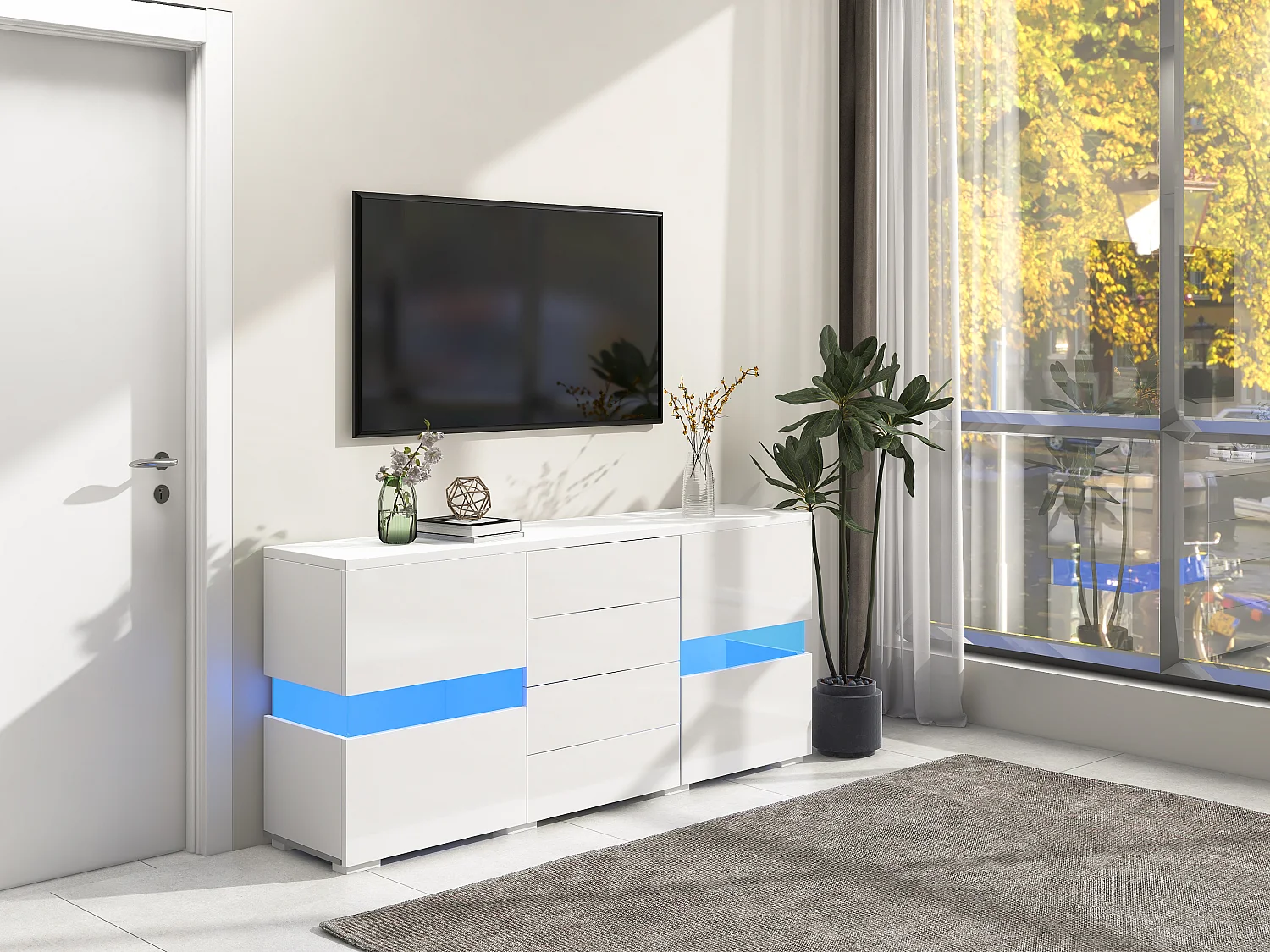 Buffet moderne brillant - 145 x 35 x 72 cm - avec 2 portes + 4 tiroirs + Leds - MDF - blanc