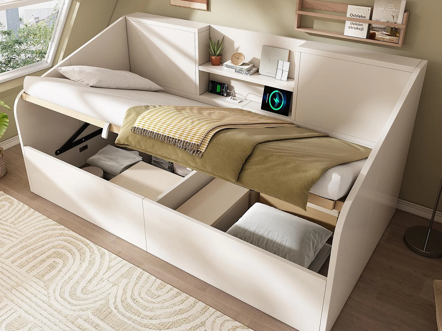 Canapé-lit coffre 90x200cm - avec USB/Type-C - avec 2 étagères - MDF + bois massif - blanc (matelas non inclus)