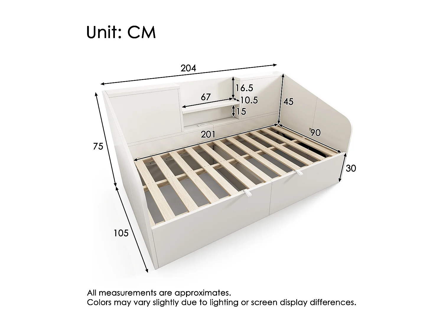 Canapé-lit coffre 90x200cm - avec USB/Type-C - avec 2 étagères - MDF + bois massif - blanc (matelas non inclus)
