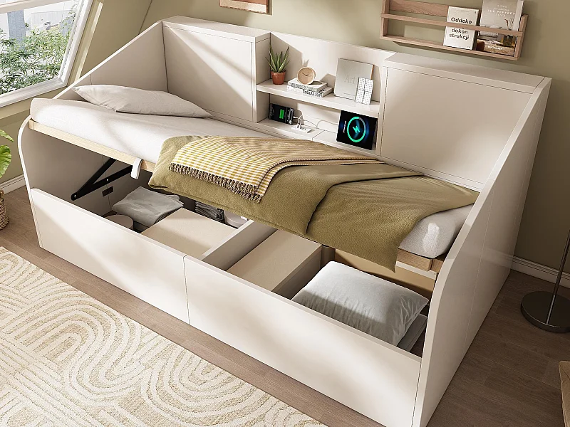 Canapé-lit coffre 90x200cm - avec USB/Type-C - avec 2 étagères - MDF + bois massif - blanc (matelas non inclus)