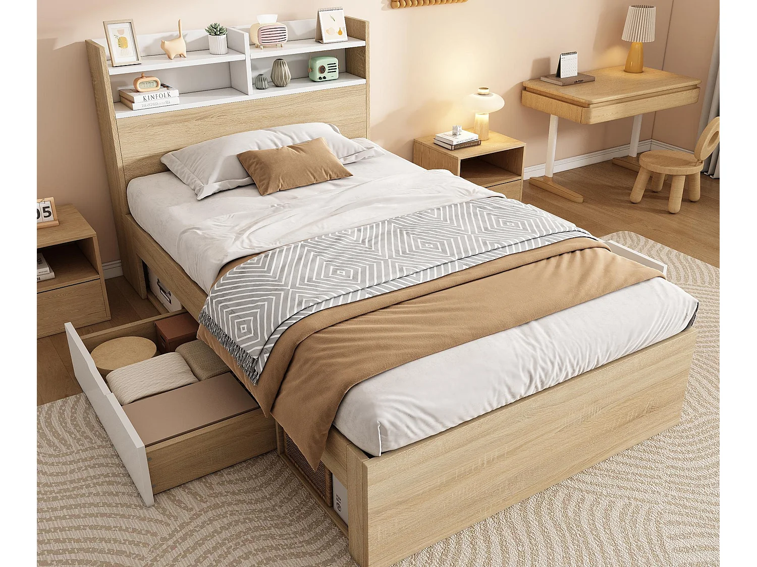 Einzelbett 90x190cm - mit 2 Schubladen - Kopfteil mit Ablagefach - Spanplatten + Massivholz - Natur