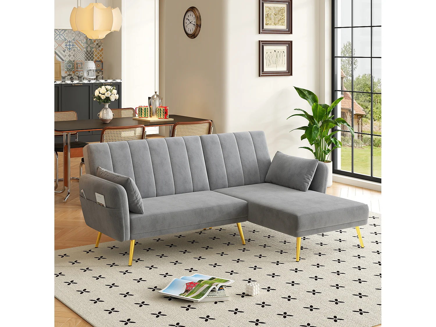 Canapé 3 places pliant - 191.5 x 130 x 80 cm - canapé d'angle avec fonction couchage - velours - gris