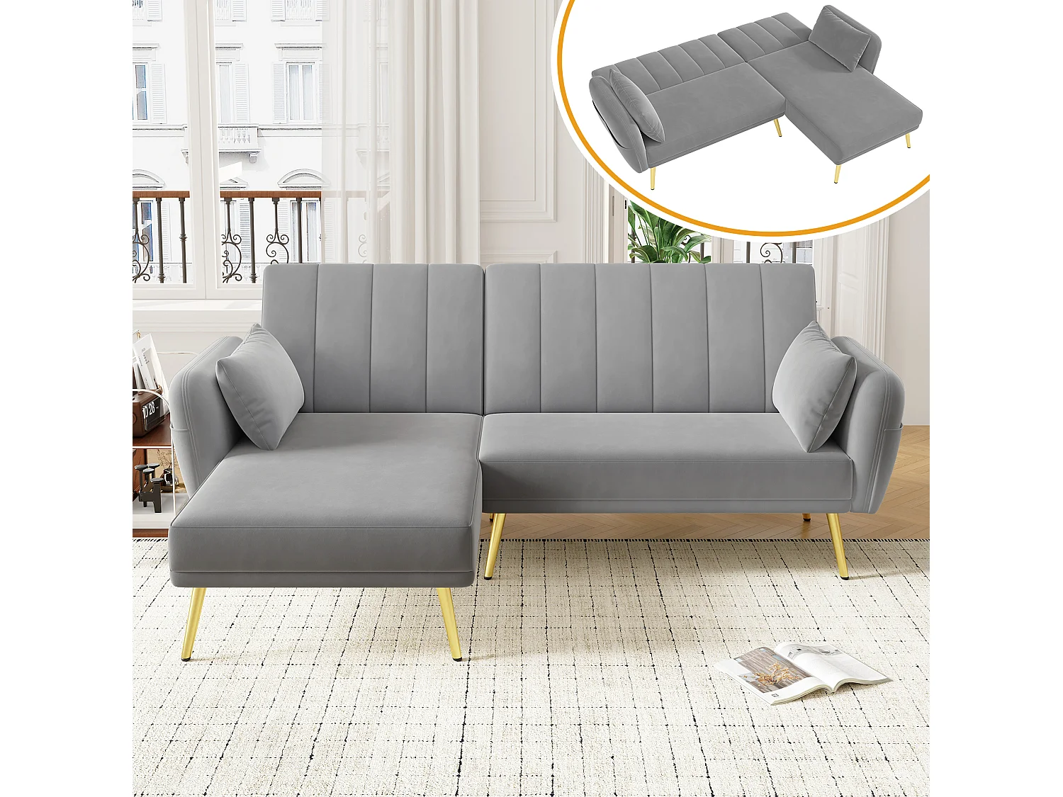 Canapé 3 places pliant - 191.5 x 130 x 80 cm - canapé d'angle avec fonction couchage - velours - gris