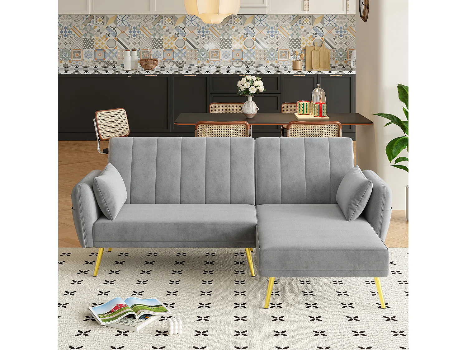 Canapé 3 places pliant - 191.5 x 130 x 80 cm - canapé d'angle avec fonction couchage - velours - gris