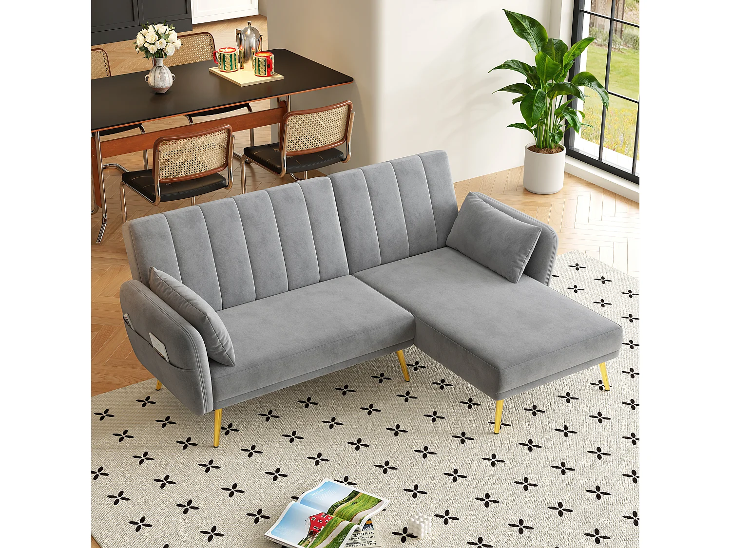 Canapé 3 places pliant - 191.5 x 130 x 80 cm - canapé d'angle avec fonction couchage - velours - gris