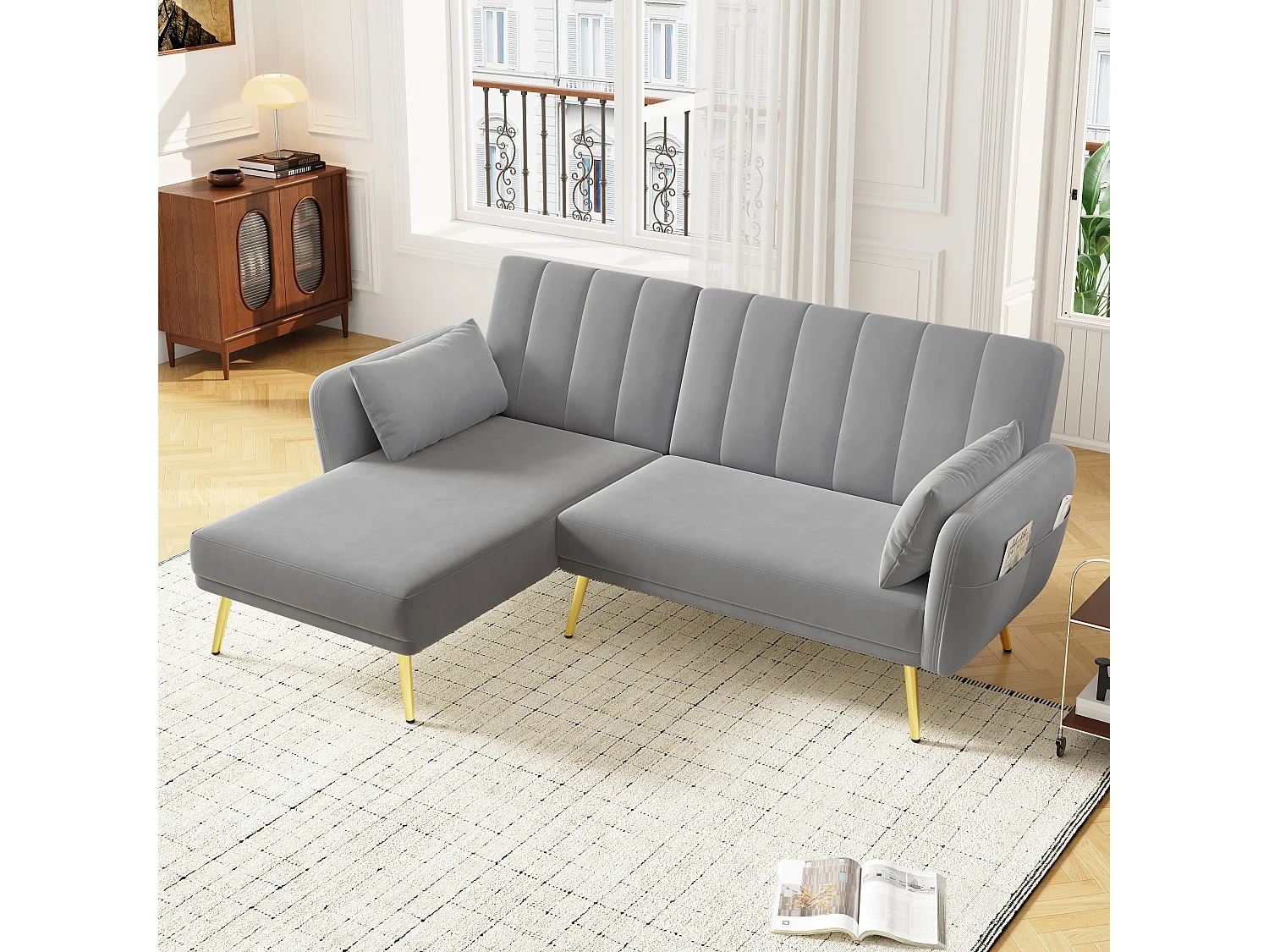 Canapé 3 places pliant - 191.5 x 130 x 80 cm - canapé d'angle avec fonction couchage - velours - gris