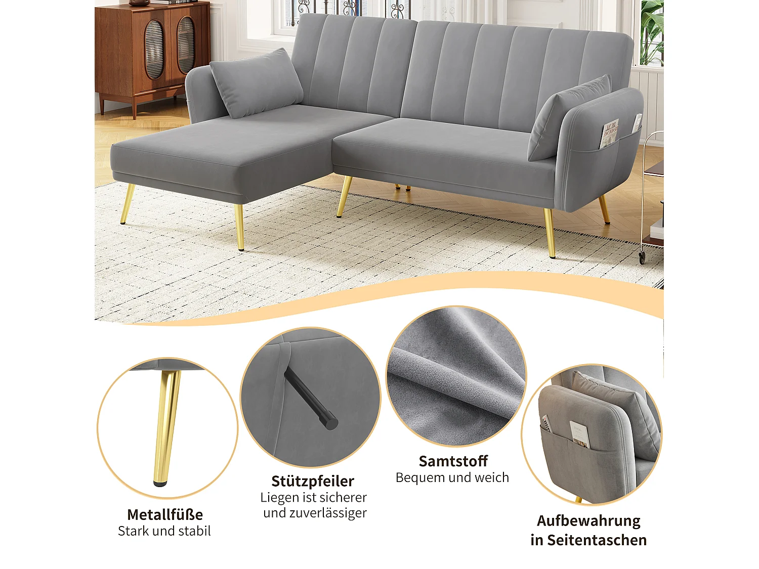 Canapé 3 places pliant - 191.5 x 130 x 80 cm - canapé d'angle avec fonction couchage - velours - gris