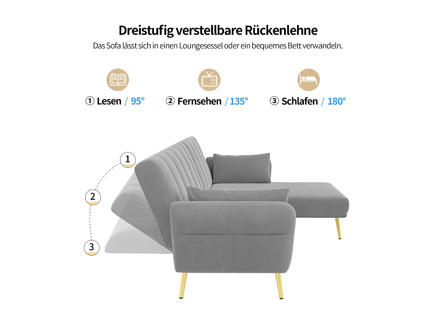Canapé 3 places pliant - 191.5 x 130 x 80 cm - canapé d'angle avec fonction couchage - velours - gris