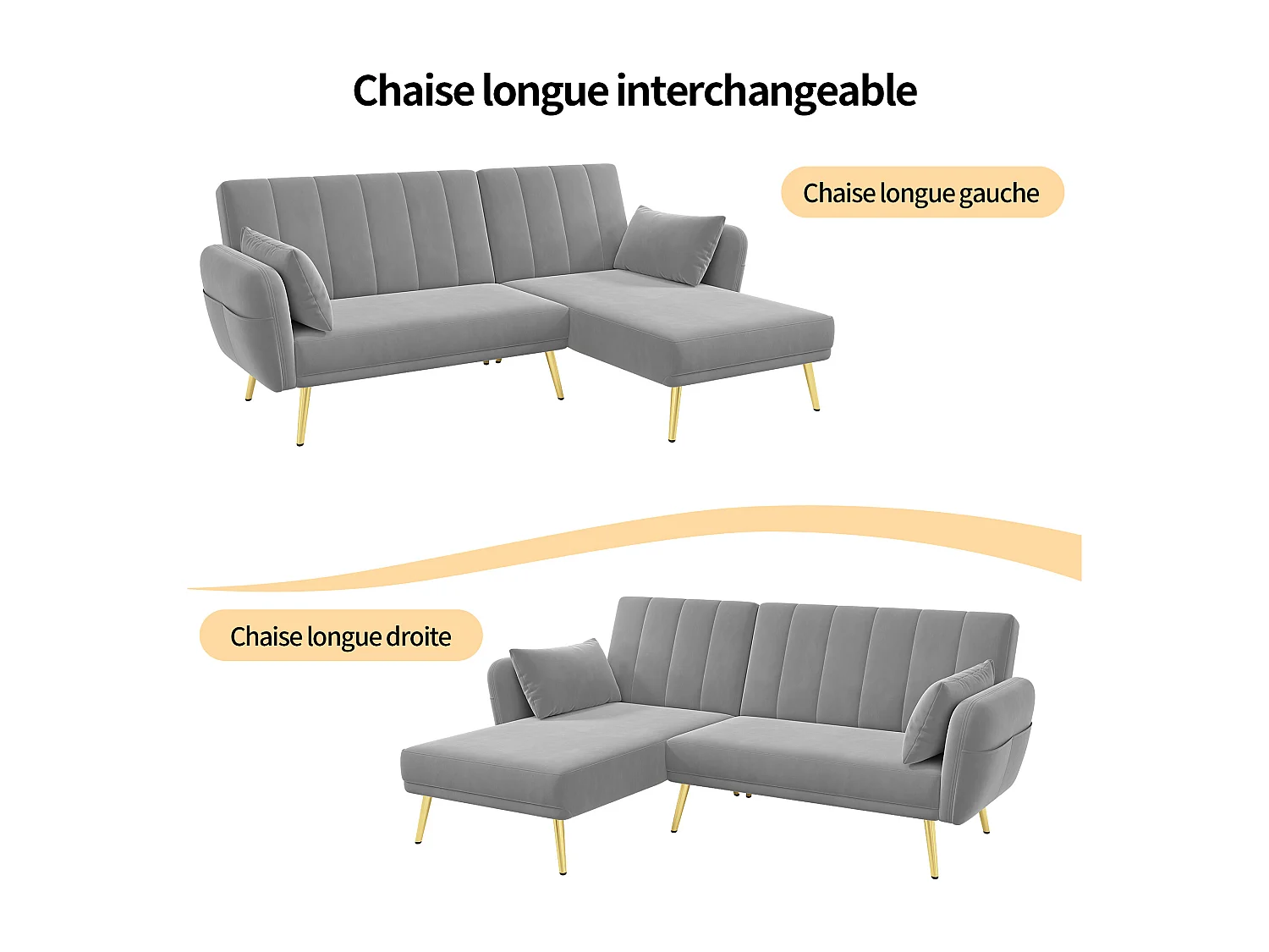 Canapé 3 places pliant - 191.5 x 130 x 80 cm - canapé d'angle avec fonction couchage - velours - gris