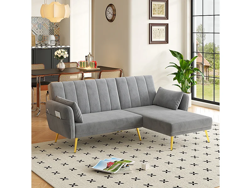 Canapé 3 places pliant - 191.5 x 130 x 80 cm - canapé d'angle avec fonction couchage - velours - gris