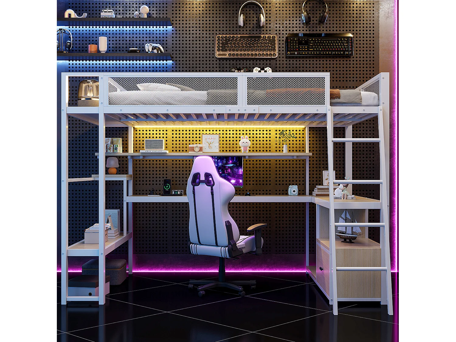 Lit mezzanine en métal 140x200 cm - avec éclairage LED - avec bureau et étagère de rangement - avec port USB - Blanc (matelas non inclus)