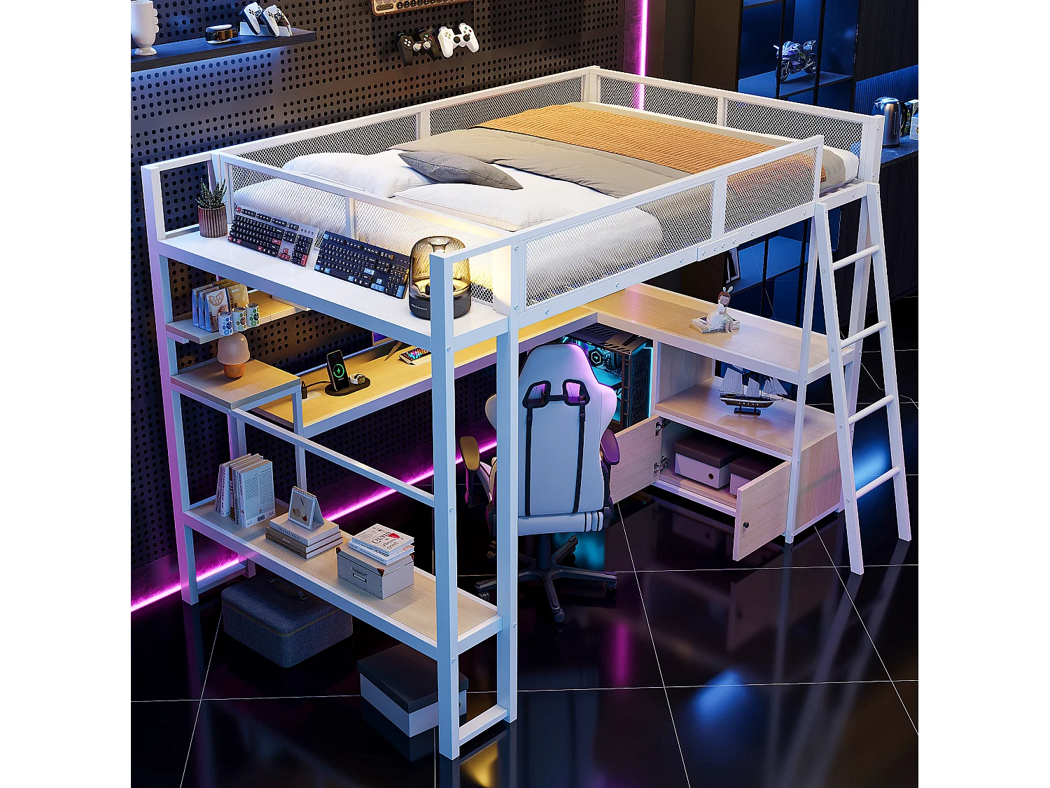 Lit mezzanine en métal 140x200 cm - avec éclairage LED - avec bureau et étagère de rangement - avec port USB - Blanc (matelas non inclus)