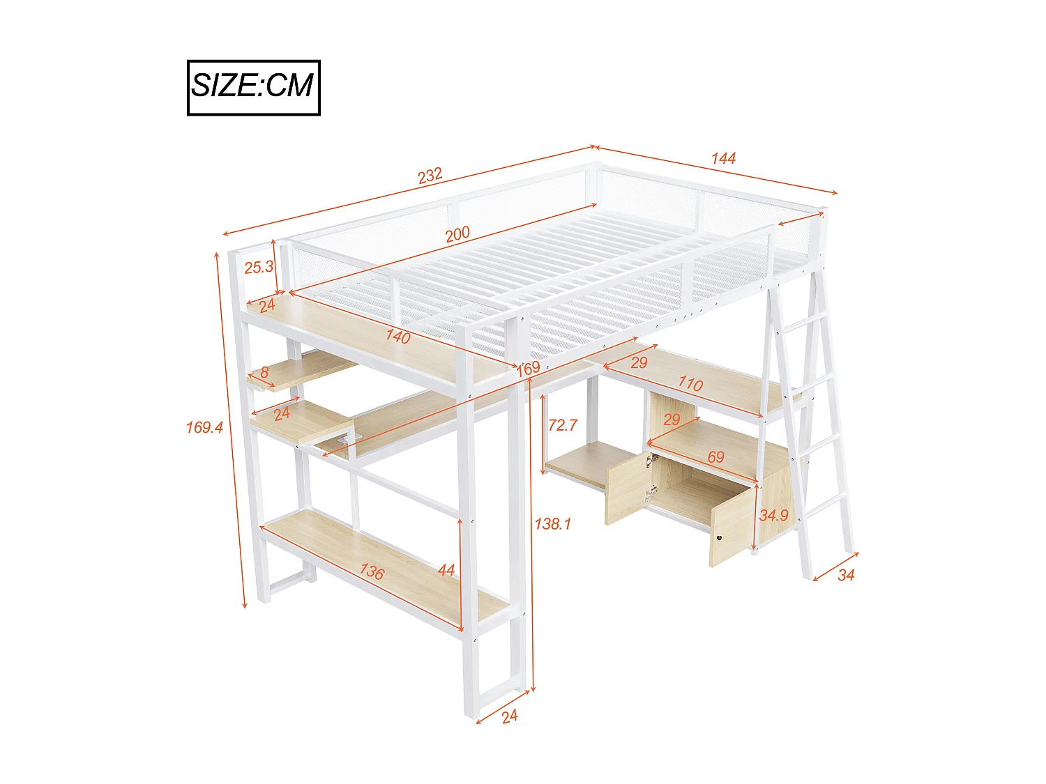 Lit mezzanine en métal 140x200 cm - avec éclairage LED - avec bureau et étagère de rangement - avec port USB - Blanc (matelas non inclus)
