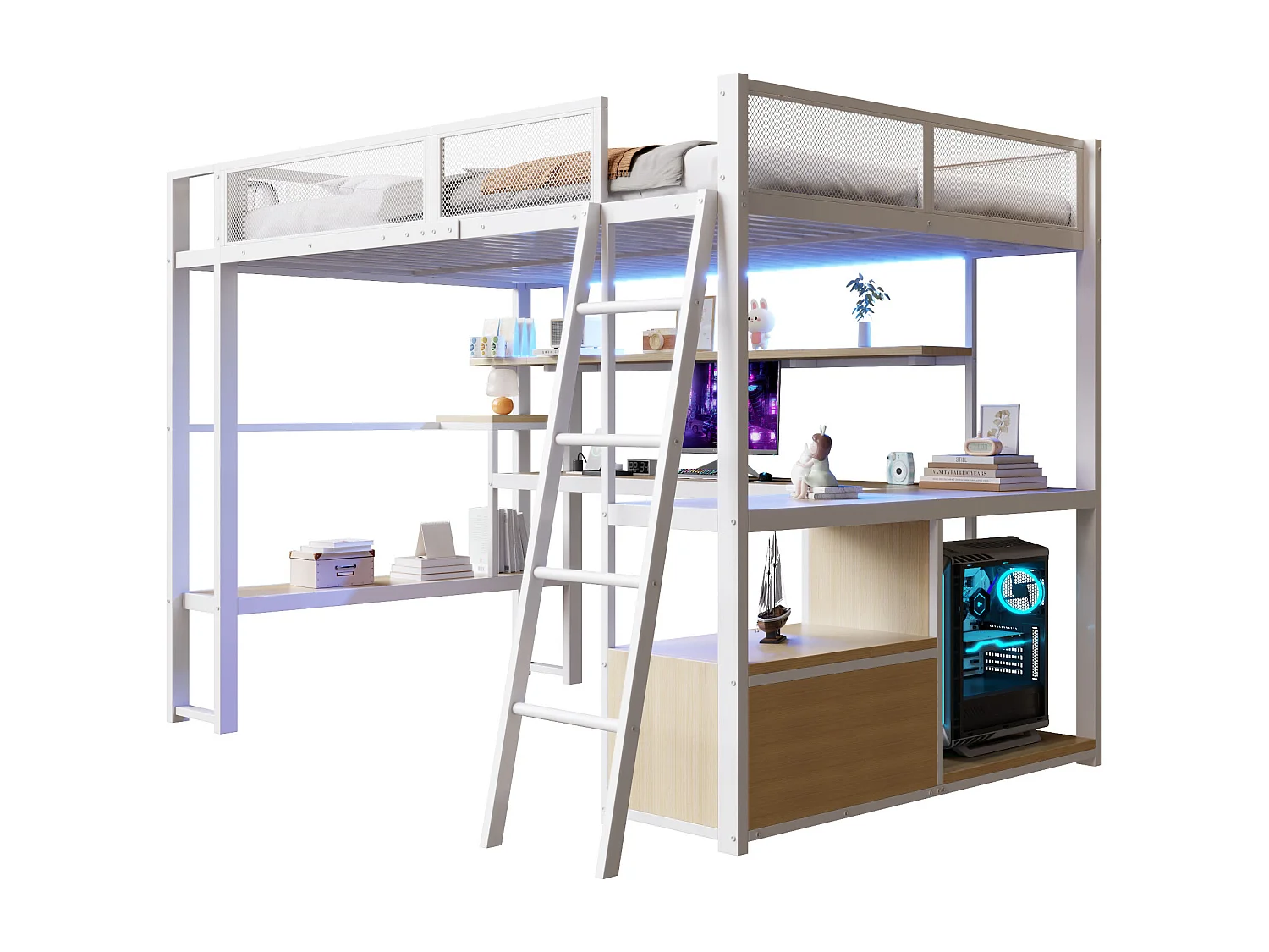 Lit mezzanine en métal 140x200 cm - avec éclairage LED - avec bureau et étagère de rangement - avec port USB - Blanc (matelas non inclus)