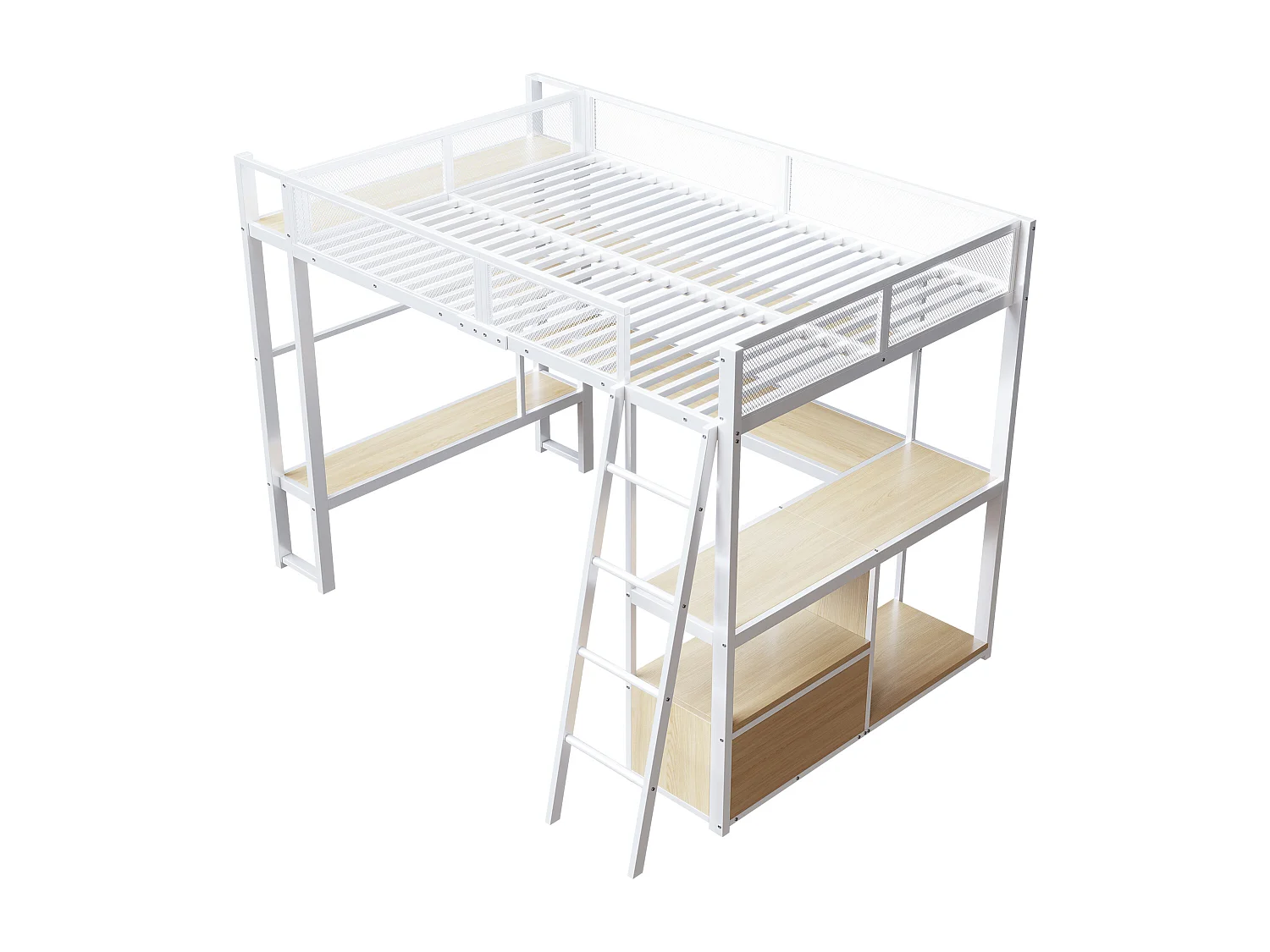 Lit mezzanine en métal 140x200 cm - avec éclairage LED - avec bureau et étagère de rangement - avec port USB - Blanc (matelas non inclus)