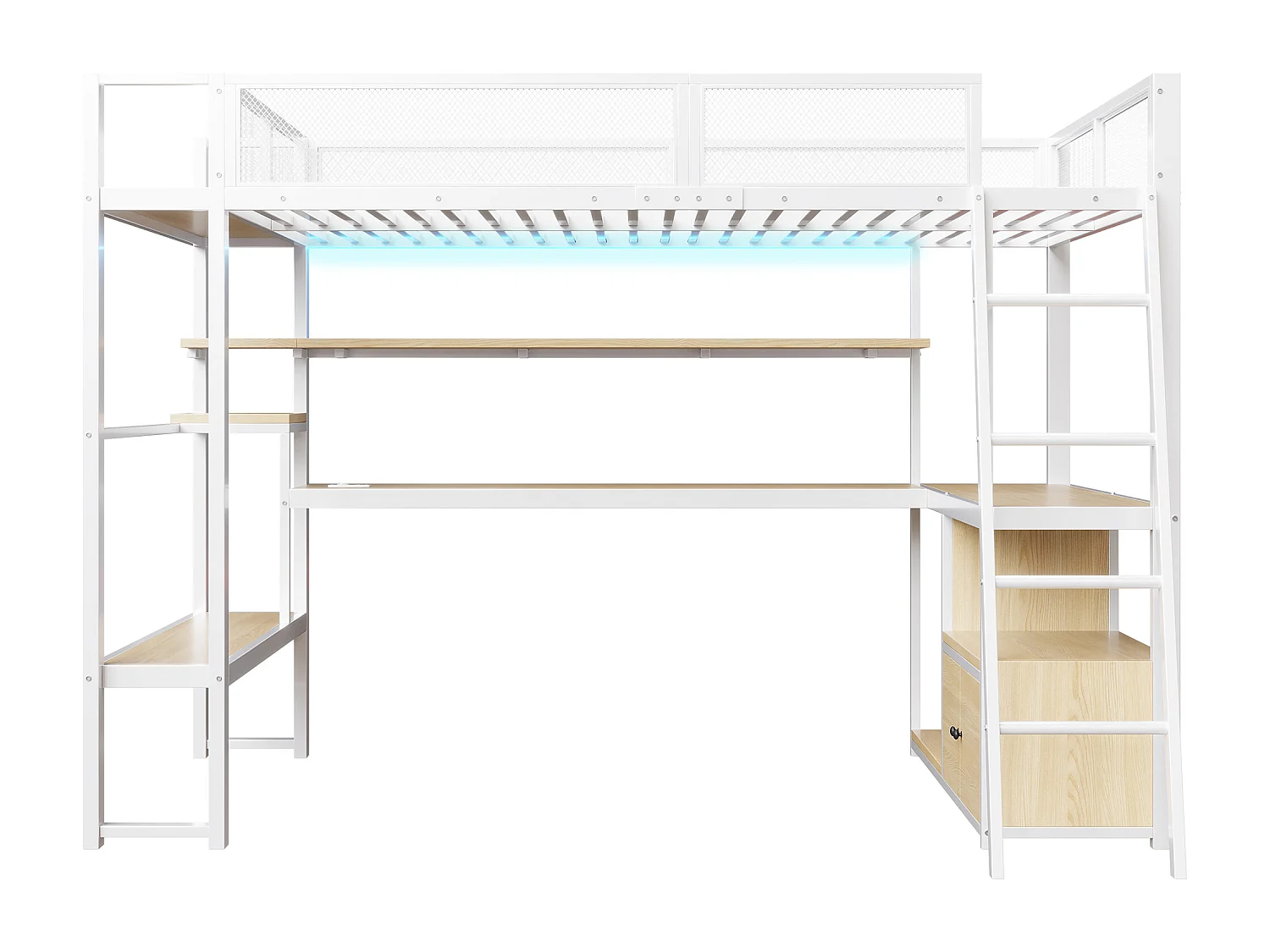Lit mezzanine en métal 140x200 cm - avec éclairage LED - avec bureau et étagère de rangement - avec port USB - Blanc (matelas non inclus)
