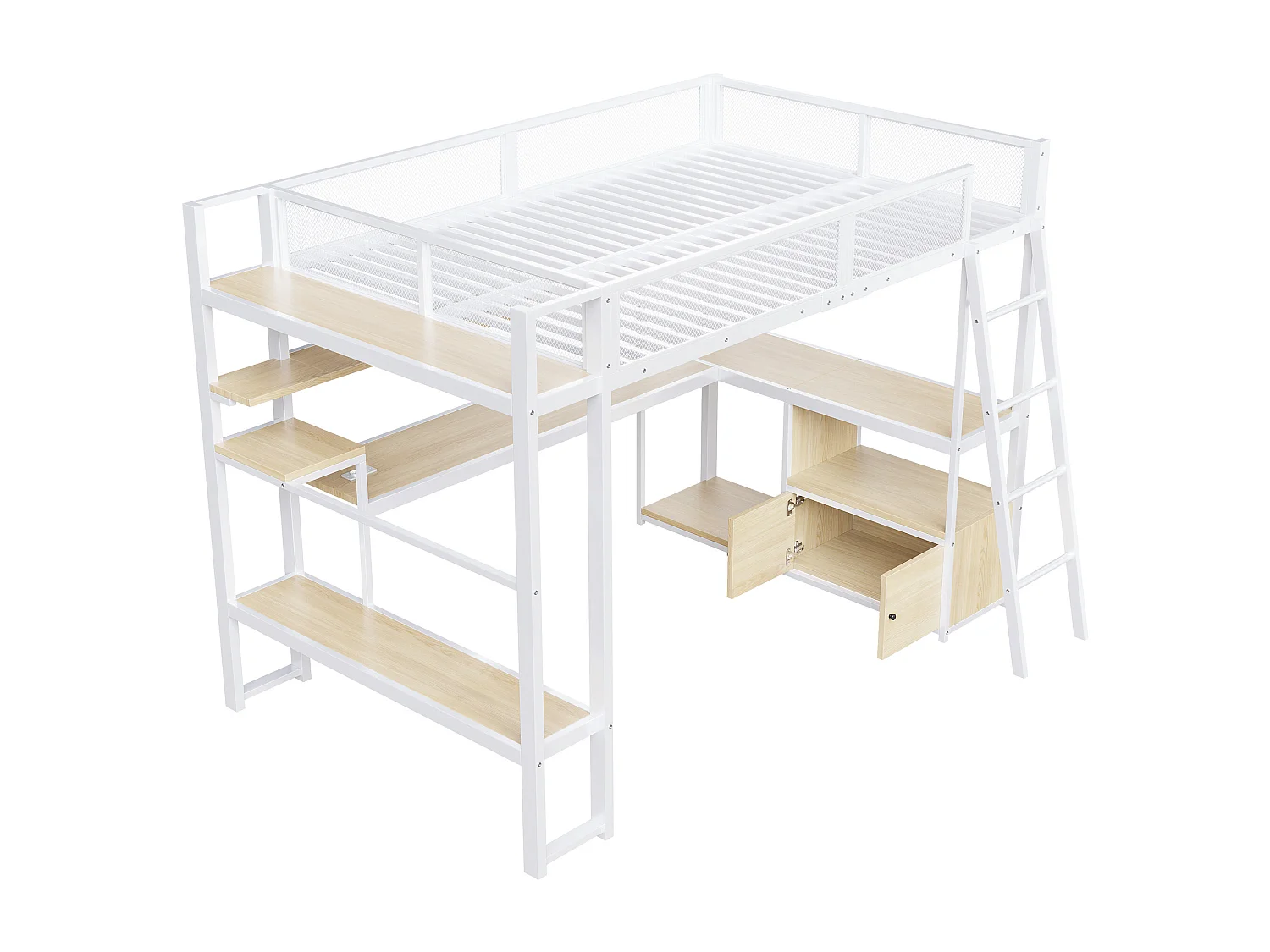Lit mezzanine en métal 140x200 cm - avec éclairage LED - avec bureau et étagère de rangement - avec port USB - Blanc (matelas non inclus)