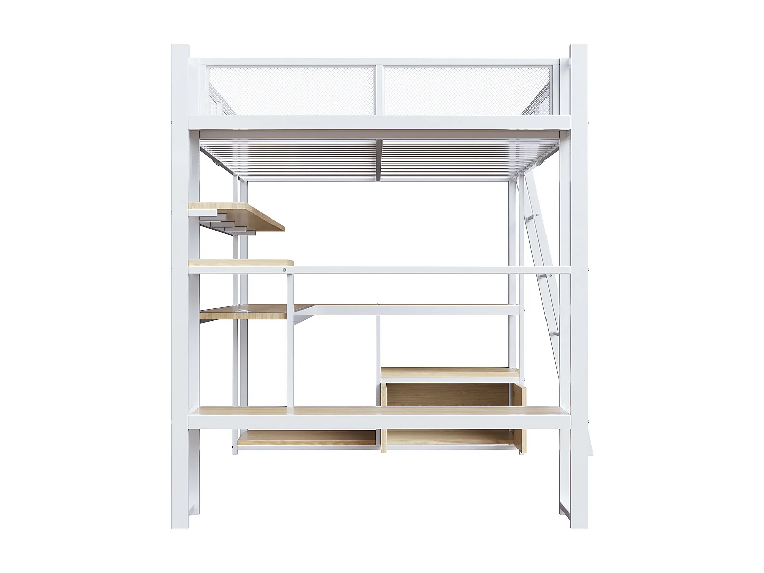 Lit mezzanine en métal 140x200 cm - avec éclairage LED - avec bureau et étagère de rangement - avec port USB - Blanc (matelas non inclus)