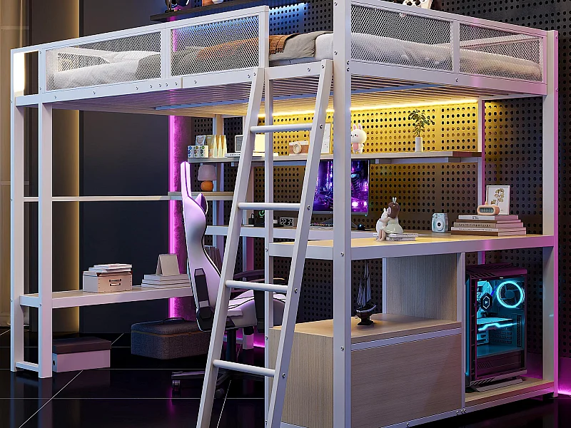 Lit mezzanine en métal 140x200 cm - avec éclairage LED - avec bureau et étagère de rangement - avec port USB - Blanc (matelas non inclus)