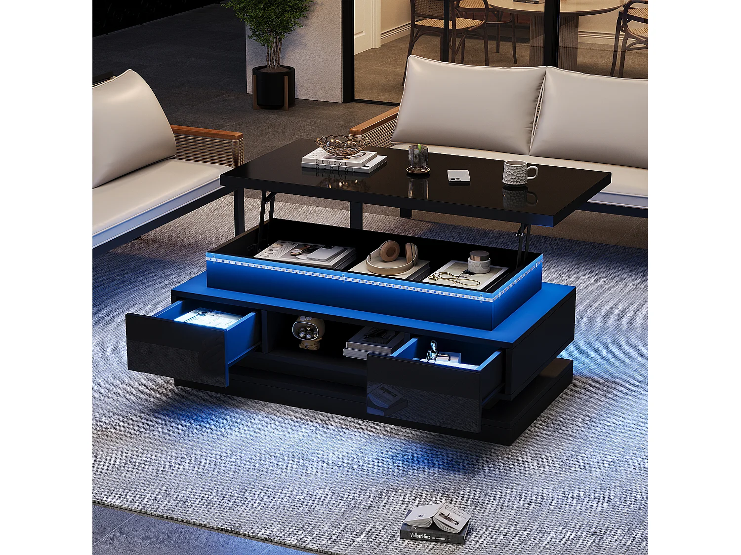 Table basse relevable laquée brillante - 100 x 50 x 40 cm - avec 2 tiroirs + Leds + rangement dissimulé - aggloméré - noir